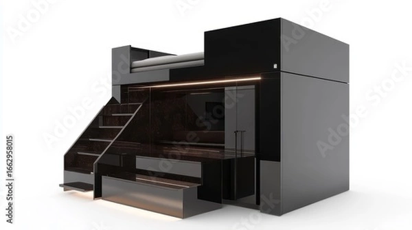 Fototapeta Modern Minimalist Black Space with Stairs and Open Design Features