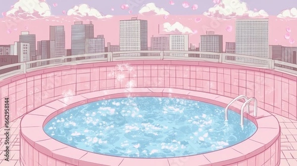 Fototapeta Serene Rooftop Pool Scene with Pink Clouds and City Skyline