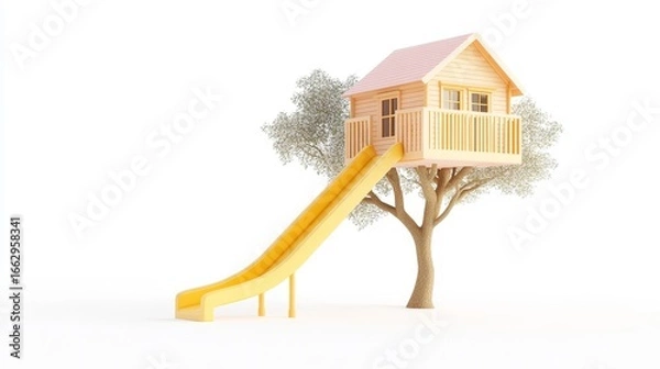 Fototapeta Colorful Treehouse with Slide in a Bright, Minimalist Environment