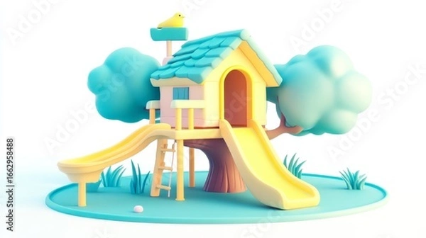 Fototapeta Colorful 3D Tree House with Slide and Playful Features for Kids