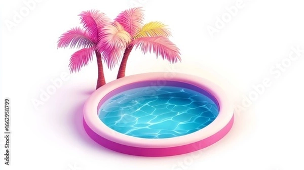 Fototapeta Vibrant Pink Palm Trees Next to a Round Swimming Pool in Summer