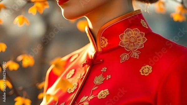 Fototapeta Golden chrysanthemum embroidery on ruby-red qipao, celebrating tradition in golden light.