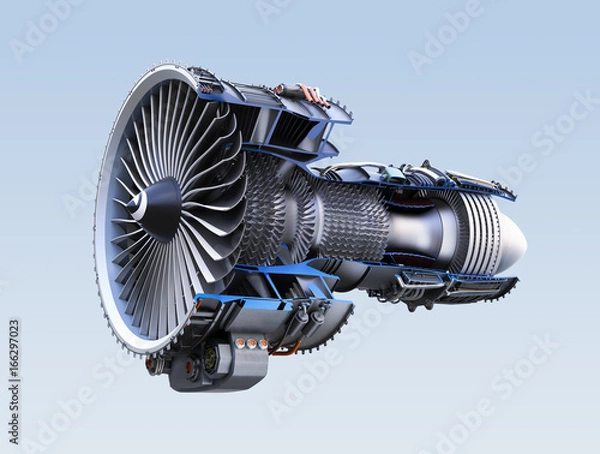 Fototapeta Przekrój silnika odrzutowego turbofan na białym tle na jasnoniebieskim tle. Renderowanie obrazu 3D. ze ścieżką przycinającą