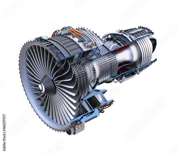 Fototapeta Przekrój silnika odrzutowego turbofan na białym tle. Renderowanie obrazu 3D ze ścieżką przycinającą.