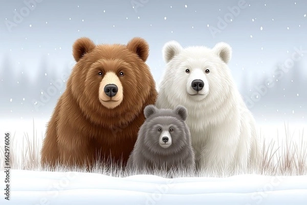 Fototapeta Family of three bears featuring a brown bear, a gray cub, and a snowy white polar bear standing together in a serene winter landscape with falling snowflakes and frosty grass