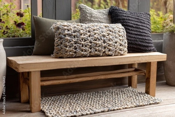 Obraz Wooden bench with patterned throw pillows and rug