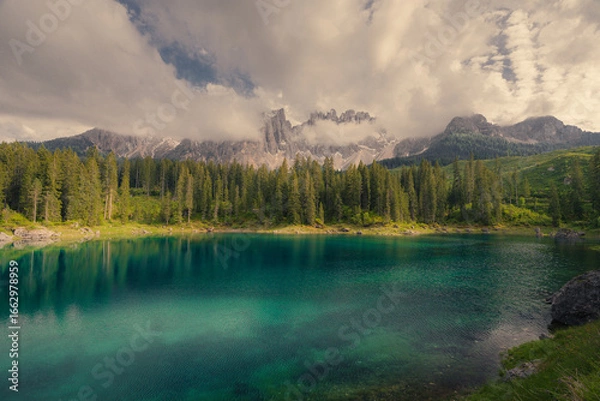 Fototapeta lake Carezza in the Dolomites mountains