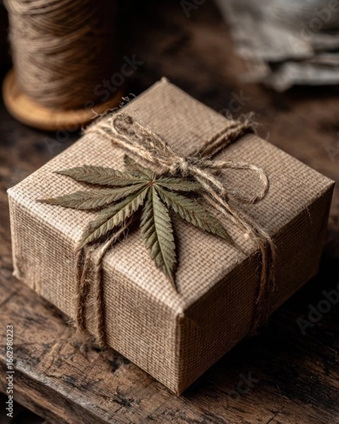 Obraz Gift-wrapped box with hemp leaf, rustic style