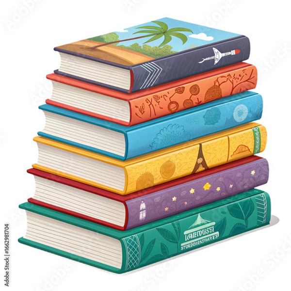 Fototapeta Realistic stack of books with colorful covers on transparent background for school posters, education campaigns, library branding and learning projects