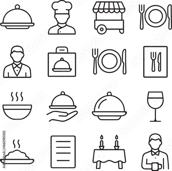 Fototapeta Catering line icon set. Catering service, food, delivery of ready meals, guest service, menu for event, banquet and more. Outline vector icon in linear style. Pictogram collection