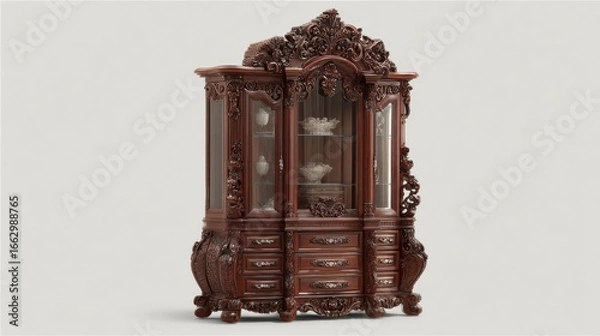 Fototapeta Ornate Wooden Display Cabinet with Intricate Carvings and Glass Doors Showcase Elegant Design and Fine Craftsmanship Ideal for Home Decor or Antique Collectible Display