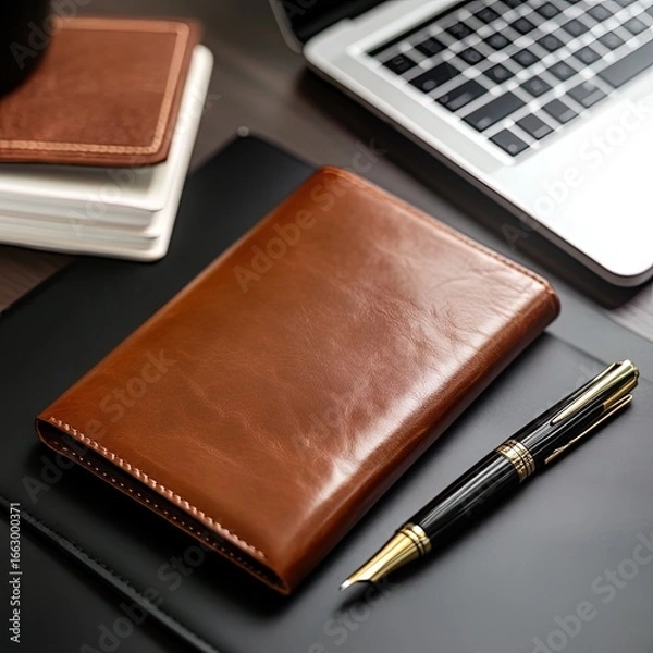 Obraz Leather notebook with pen on brown background