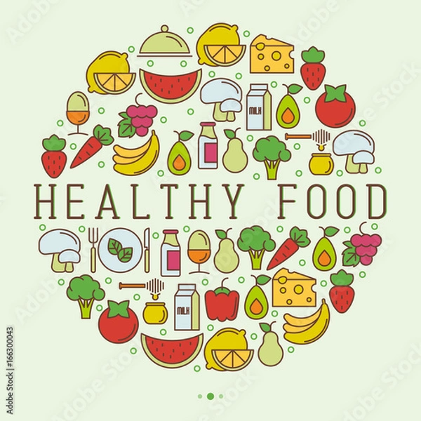 Fototapeta Organic food concept in circle with thin line icons of fresh natural products, vegetarian groceries. Vector illustration for banner, web page about healthy nutrition.