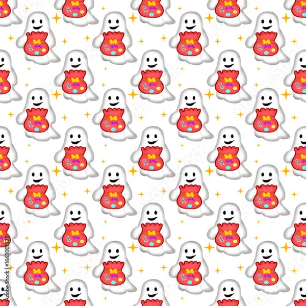 Fototapeta Happy Ghost with Halloween Candy Bag
