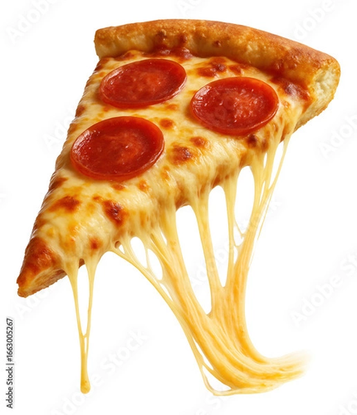 Fototapeta Pepperoni pizza wedge with melted cheese trailing off the edge