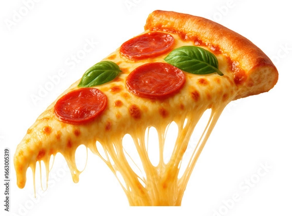 Fototapeta Cheesy pizza portion with visible cheese fibers pulling