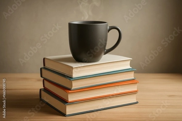 Fototapeta Stack of books with ceramic coffee mug on top against neutral background, conveying education, reading and a calm learning atmosphere