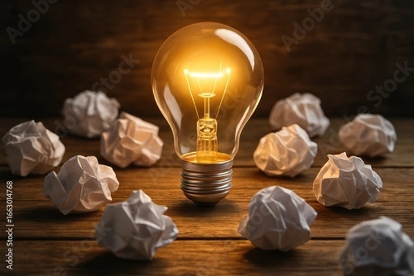 Fototapeta Glowing antique light bulb placed among rough stones on rustic wooden surface highlighting innovation, bright ideas and inspiration concept