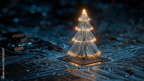 Obraz Abstract christmas tree in circuit network digital technology electronic concept. Vector illustration . Glowing xmas tree from Dark blue Circuit Board