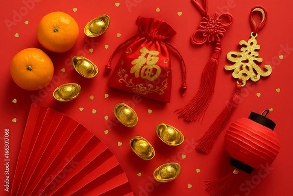 Fototapeta Traditional Chinese New Year still life with red pouch, gold ingots, red paper fan and lantern on vibrant red background representing prosperity