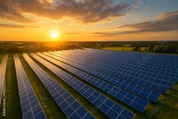 Fototapeta Aerial view of solar panels field under golden sunset sky generating renewable energy in rural landscape