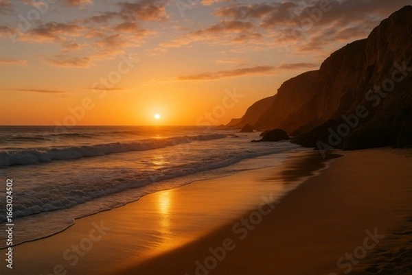 Fototapeta Golden sunset over a serene beach with gentle waves washing the sand and rugged cliffs silhouetted against an orange sky