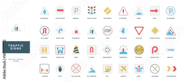 Fototapeta Comprehensive set of flat style traffic signs with labeled titles, including regulatory, warning, and informational road symbols for driving safety and navigation isolated vector illustration