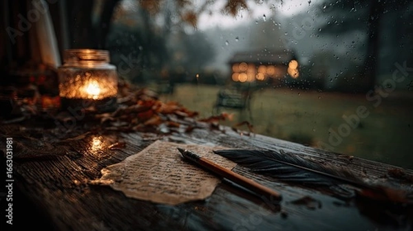 Obraz Cozy Cabin Glow on a Foggy Night