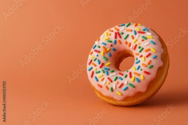 Fototapeta Donut with white icing and colorful sprinkles on orange background, sweet dessert pastry 