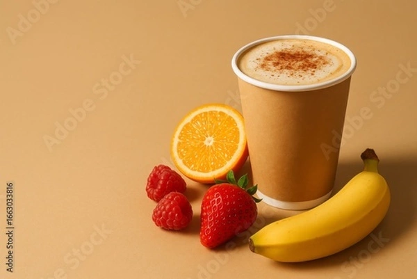 Fototapeta Takeaway cup of creamy coffee topped with foam, accompanied by orange slice, strawberries and banana on beige background, fresh fruit and drink composition 