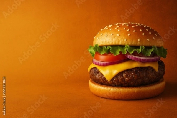 Fototapeta Juicy cheeseburger with beef patty, lettuce and tomato on a sesame seed bun against a vibrant orange background