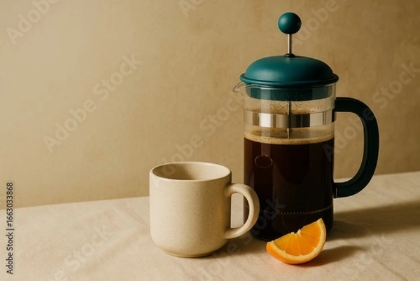 Fototapeta Turquoise French press coffee maker with white mug and orange slice on beige surface, minimal still life scene