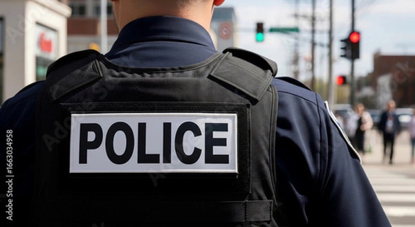 Fototapeta A close-up of a police officer's back, showing a high-visibility vest and a "POLICE" badge. This image represents law enforcement, security, and public service.