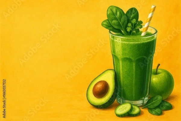 Fototapeta Vibrant green smoothie served in glass with spinach leaves and avocado half on bright yellow background, healthy detox drink and vegan diet concept