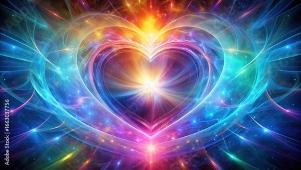 Fototapeta A colorful aura surrounds a glowing heart surrounded by swirling patterns of light and energy