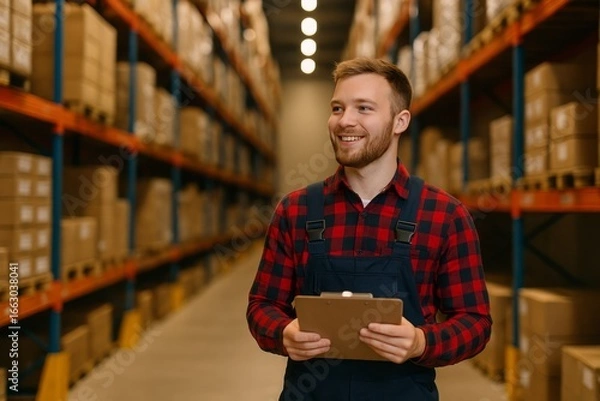 Fototapeta Smiling warehouse worker wearing plaid shirt holding a digital tablet in aisle with shelves of boxes