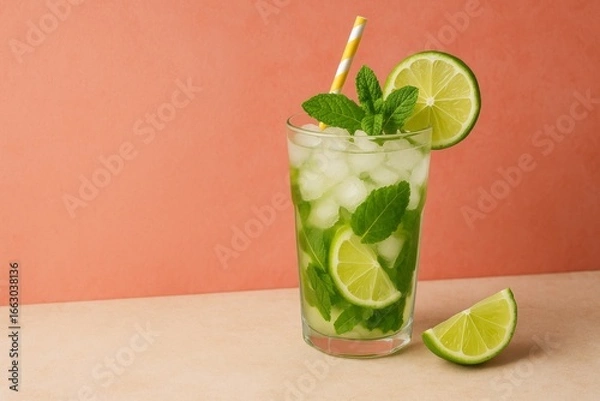 Fototapeta Refreshing mojito cocktail with lime slices, mint leaves and straw in clear glass on pastel pink surface with green background, summer drink concept