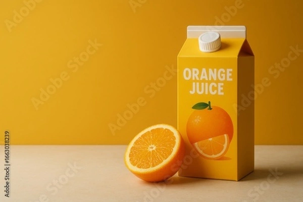 Fototapeta Fresh orange juice in a clear plastic bottle accompanied by sliced oranges and leaves against a vibrant yellow background