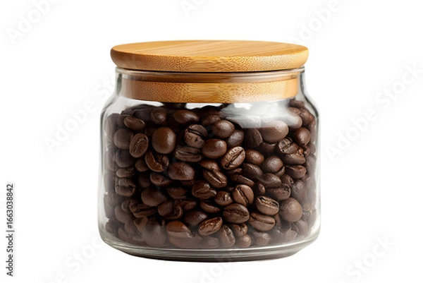 Fototapeta A glass jar filled with rich brown roasted coffee beans topped with a wooden lid isolated on transparent background