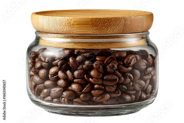 Fototapeta Glass jar filled with aromatic roasted coffee beans and wooden lid for freshness and flavor preservation isolated on transparent background