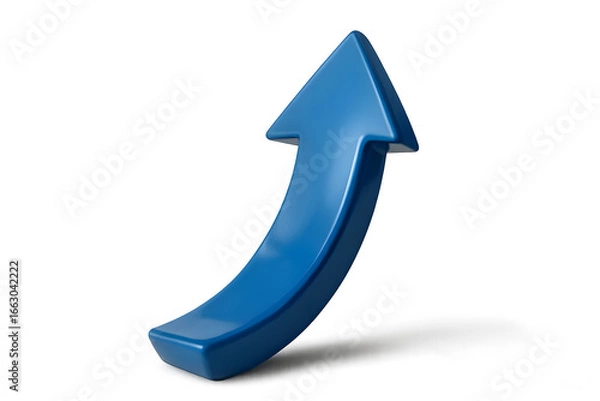 Fototapeta Simple 3D curved blue arrow pointing upward, isolated on transparent background, glossy finish, photorealistic business growth symbol, smooth reflections