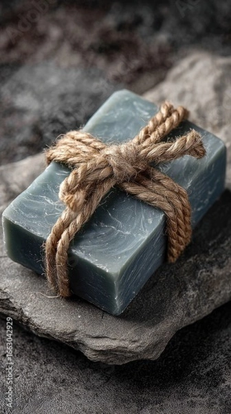 Fototapeta Dark gray soap tied with a natural rope