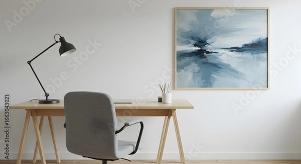 Obraz Bright interior showcases light wood desk and blue abstract art. Ideal for interior design, office staging, or minimalist web banners.