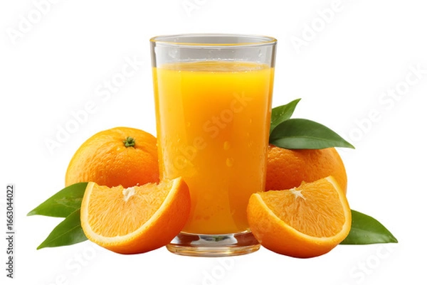 Fototapeta Freshly squeezed orange juice in a tall glass surrounded by ripe oranges and slices isolated on transparent background