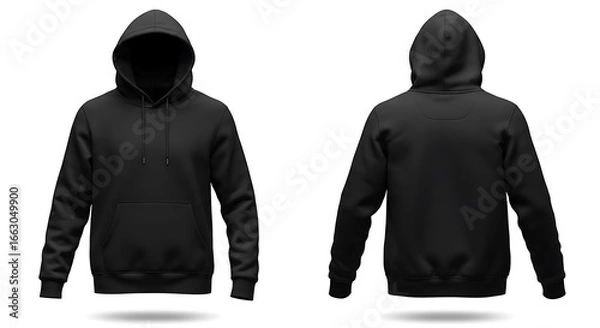 Fototapeta Blank black hoodie mockup with the hood up, showing isolated front and back views for apparel design.