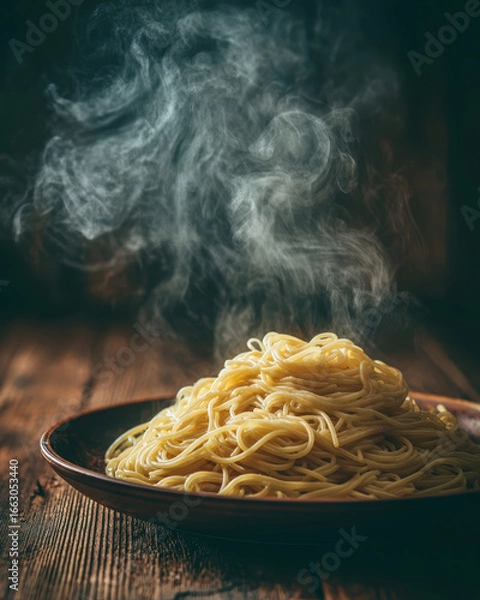 Fototapeta Steaming Hot Spaghetti on Rustic Wooden Table, Close-Up of Freshly Cooked Pasta with Rising Vapor, Delicious Italian Cuisine, Warm and Inviting Food Photography, Perfect for Recipe Blogs