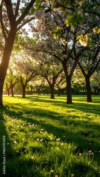Fototapeta Sunlight streams through blossoming trees in a park