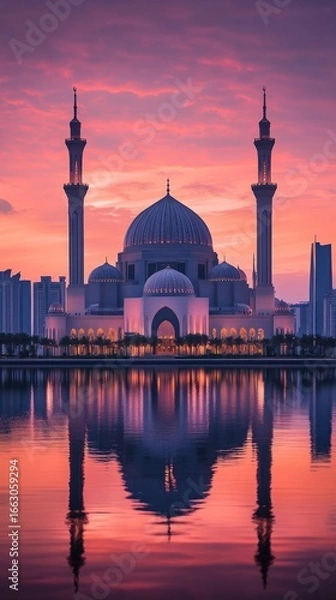 Fototapeta A majestic mosque with domes and minarets against the backdrop of the sunset, reflected in the water — for articles on culture, architecture, religion, and travel.