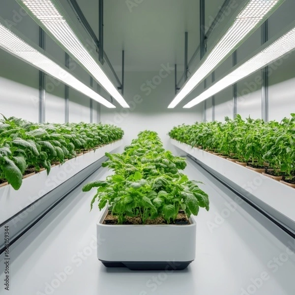 Fototapeta Urban Cultivation: An indoor farm showcases rows of flourishing plants under the glow of linear lights, a futuristic symbol of sustainable agriculture.