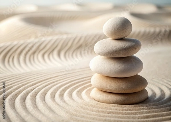 Fototapeta Zen Stones Balance Stack on Smooth White Sand Calm Shadows Minimal Photo Studio Light Background